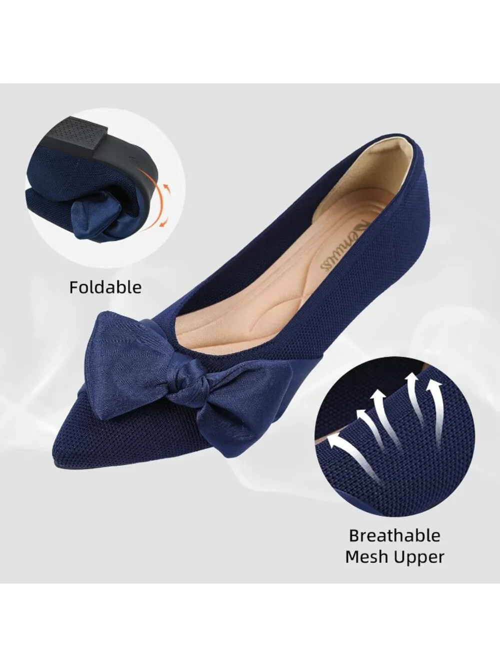 Women's Navy Mesh Pointed Toe Ballet Slip On Comfortable  Flats with Bow Shoes